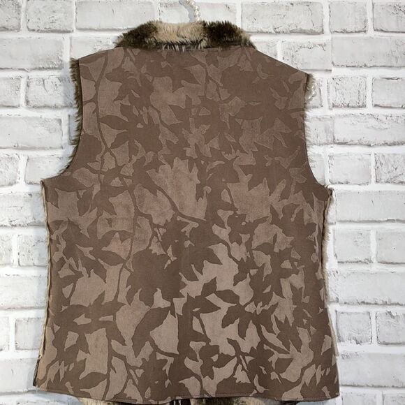 Robert Kitchen Canada Faux Fur Lined Women’s Vest Leaf Pattern Reversible Sz SP - Picture 2 of 7